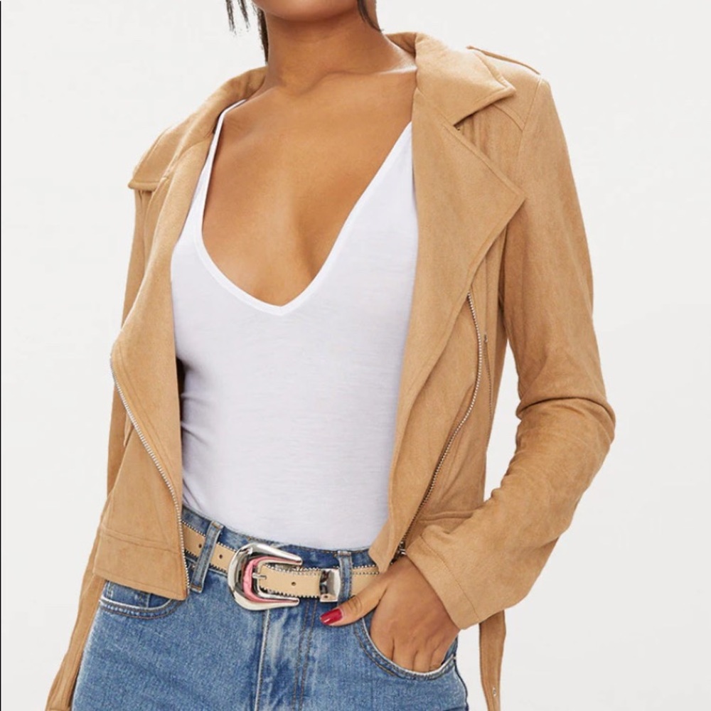 NWT PRETTYLITTLETHINGS CAMEL FAUX LEATHER SUEDE BIKER JACKET Sz XS - Picture 9 of 14